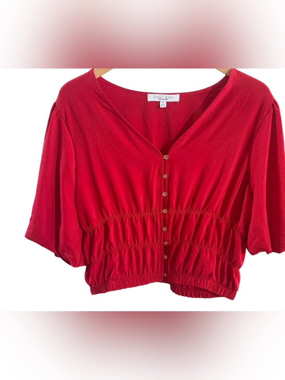 New Sweet Rain Like New Red Puff-Sleeve Button Front Top Classy & Stylish